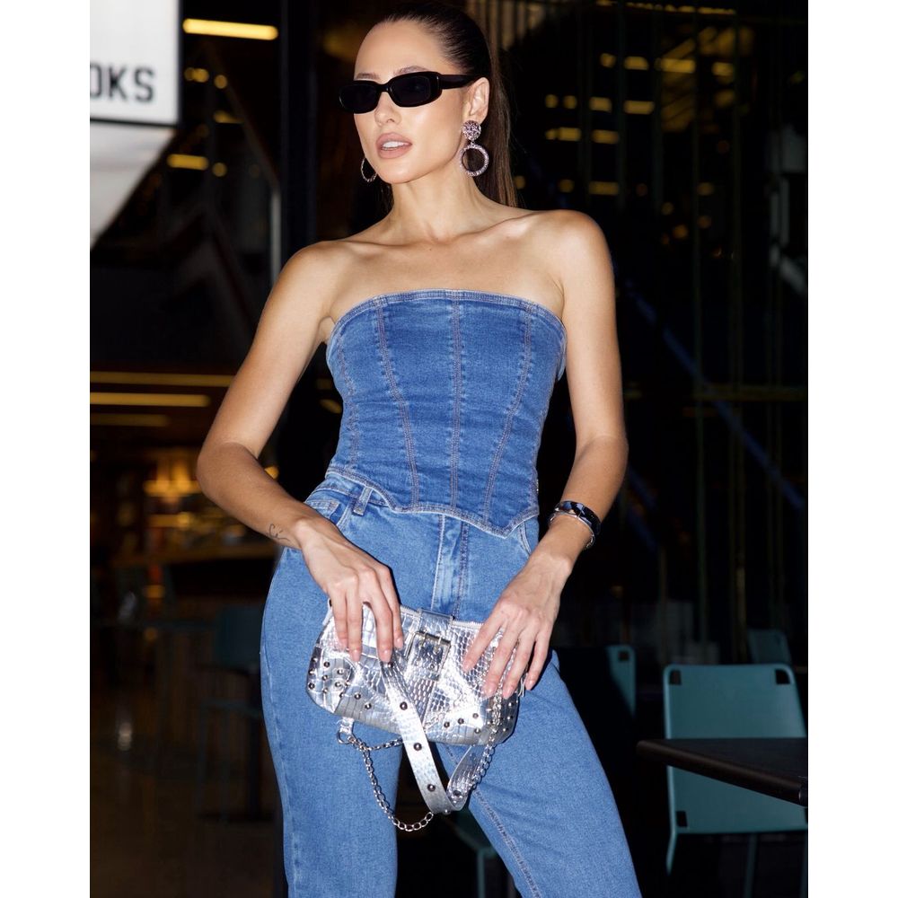 Top Corset Tomara que Caia em Jeans com Recortes Azul